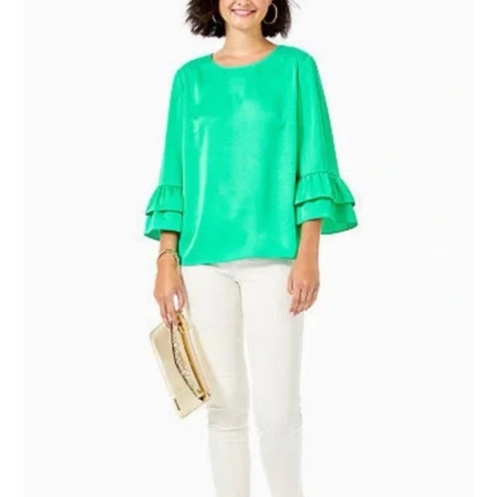 NWT Lilly Pulitzer Christie Top Juniper Green Layer Flare Sleeve Satin Blouse S
